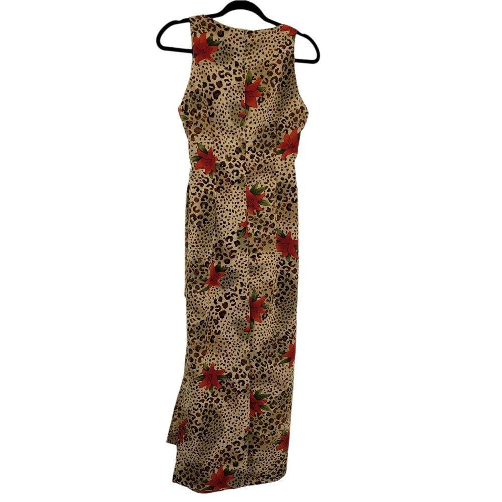 Vintage Tan Leopard Red Lily Print Sleeveless Mock Side Tie Hostess Dress Sz M - Picture 8 of 14